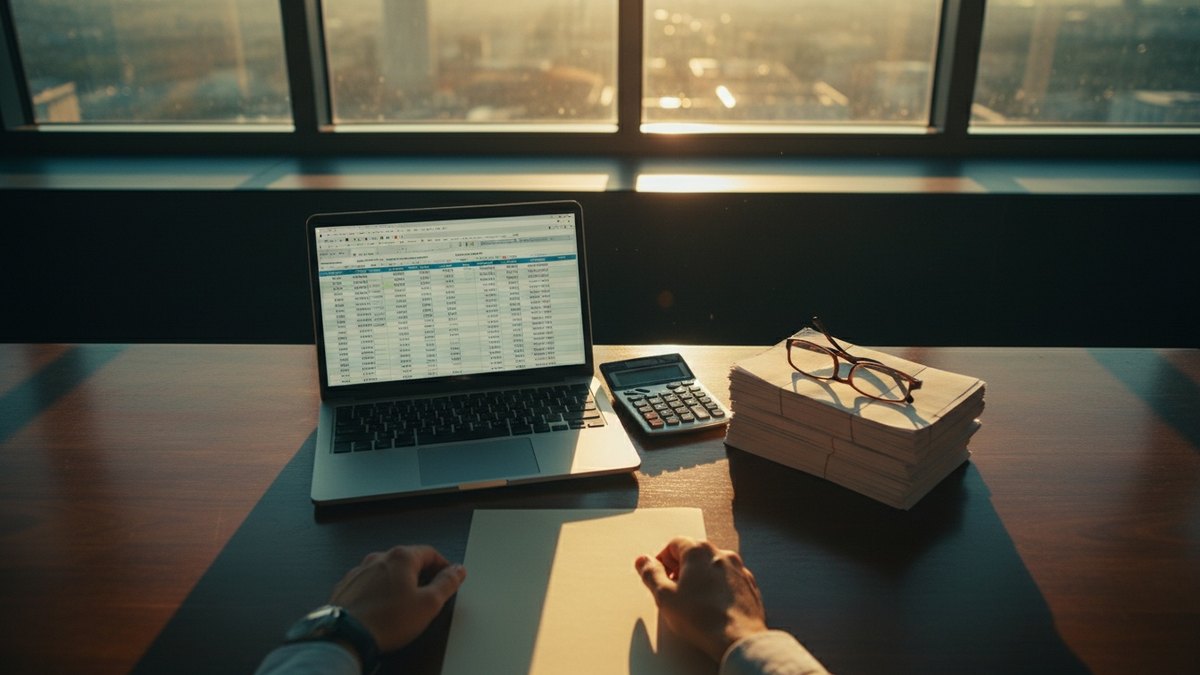 Bureau d'un gestionnaire de paie avec bulletins et tableur