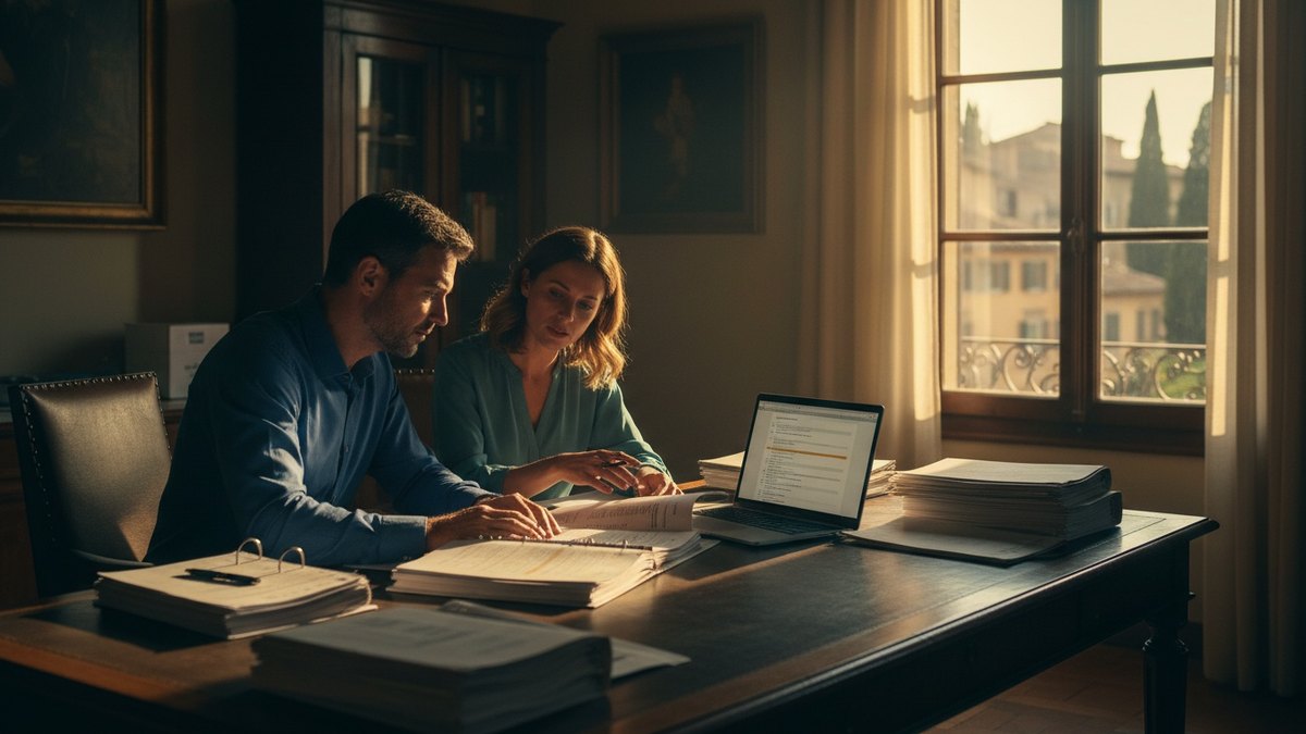 Responsable HSE comparant des documents réglementaires imprimés et un écran de logiciel de veille