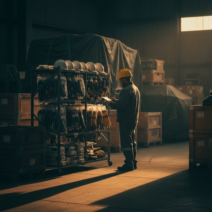 Responsable sécurité vérifiant des équipements de protection individuelle dans un local industriel