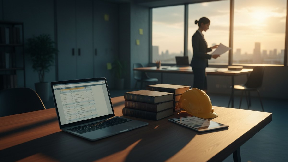 Espace de travail d'un responsable HSE avec textes réglementaires, casque de sécurité et tablette